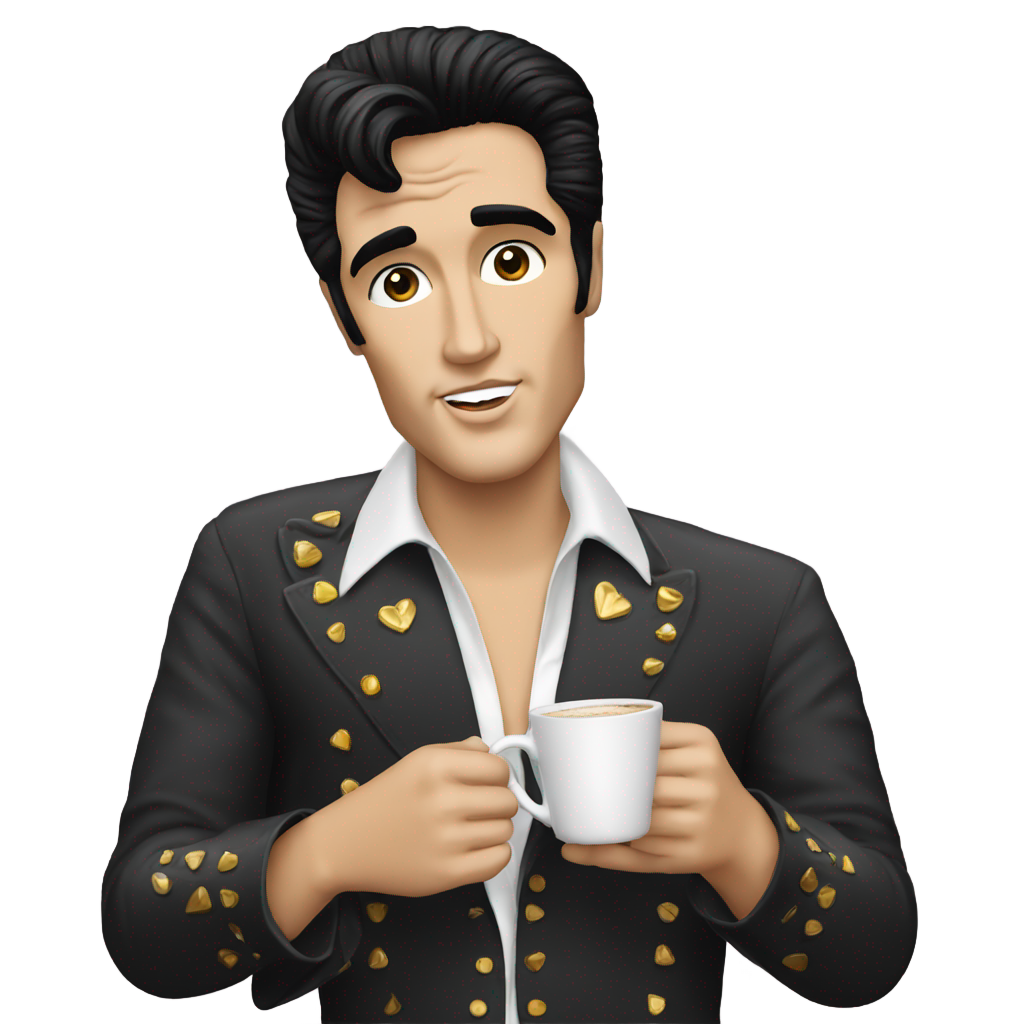 genmoji: Elvis Presley with dark hair drinking coffee