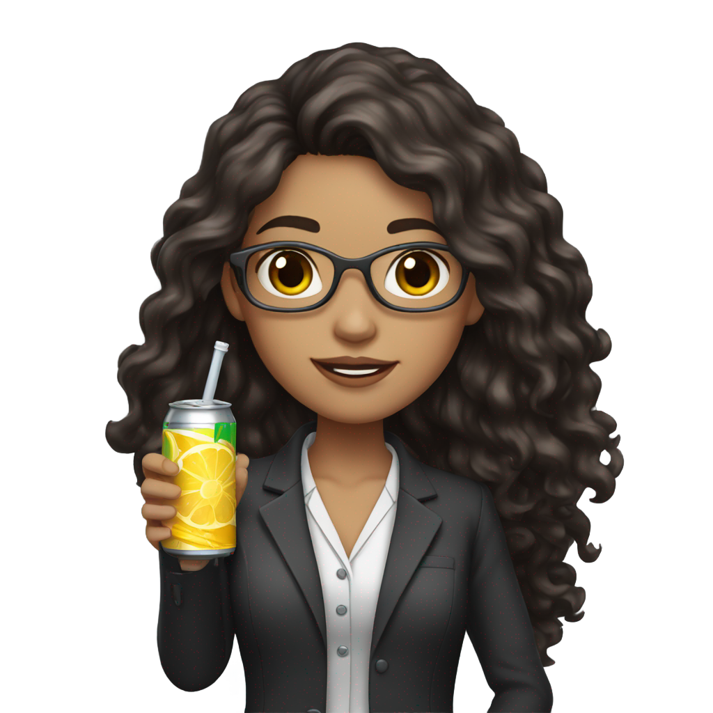 genmoji: Female scientist with long , wavy, dark brown hair, with freckles, hazel eyes, some gray streaks in hair, wearing a black blazer and holding an energy drink