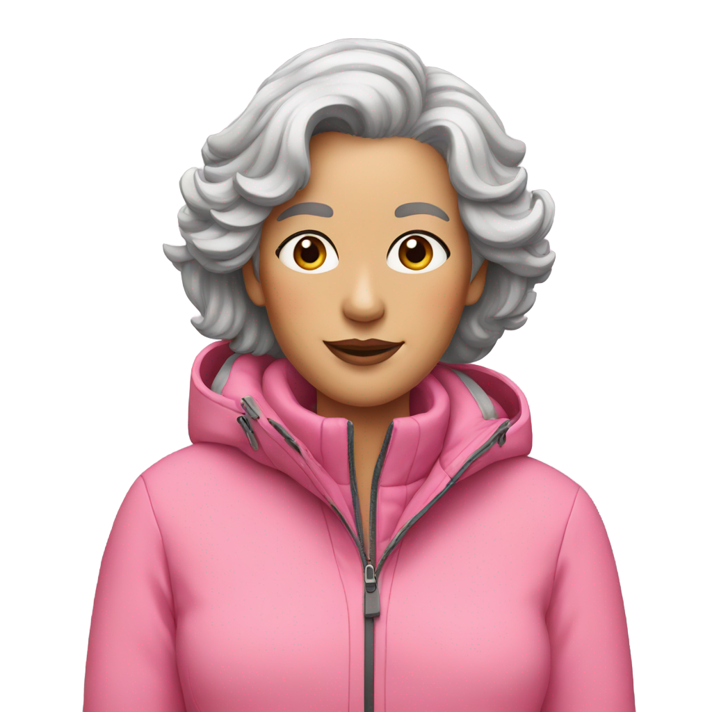 genmoji: Gray haired woman wearing a pink ski jacket. Blush and lipstick.