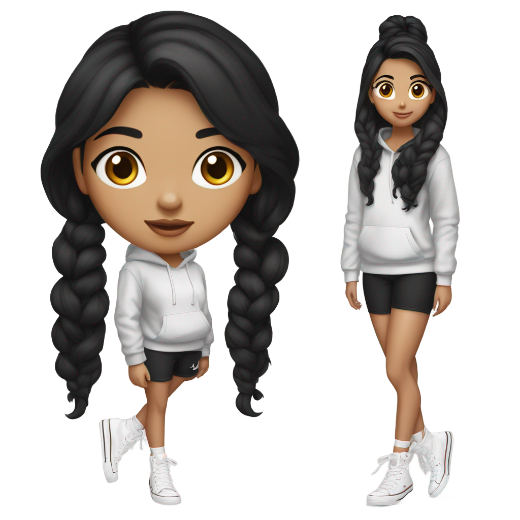 genmoji: indian girl, middle part hair, black hair, medium length. nike hoodie with short black shorts, white high top converse, gold hoop earrings.