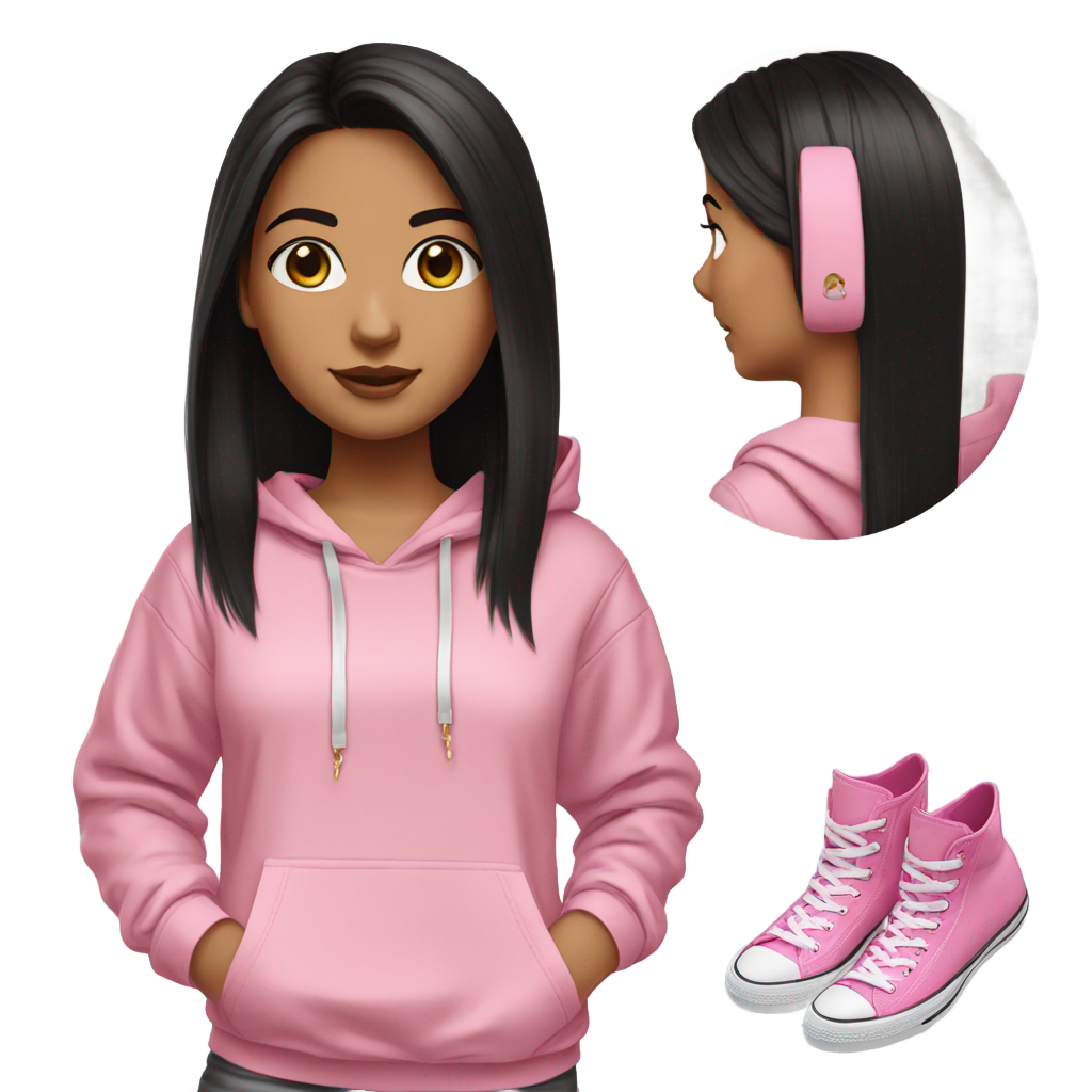 genmoji: indian girl, middle part hair, black hair, medium straight length. pink hoodie with short black shorts, white high top converse, gold hoop earrings.