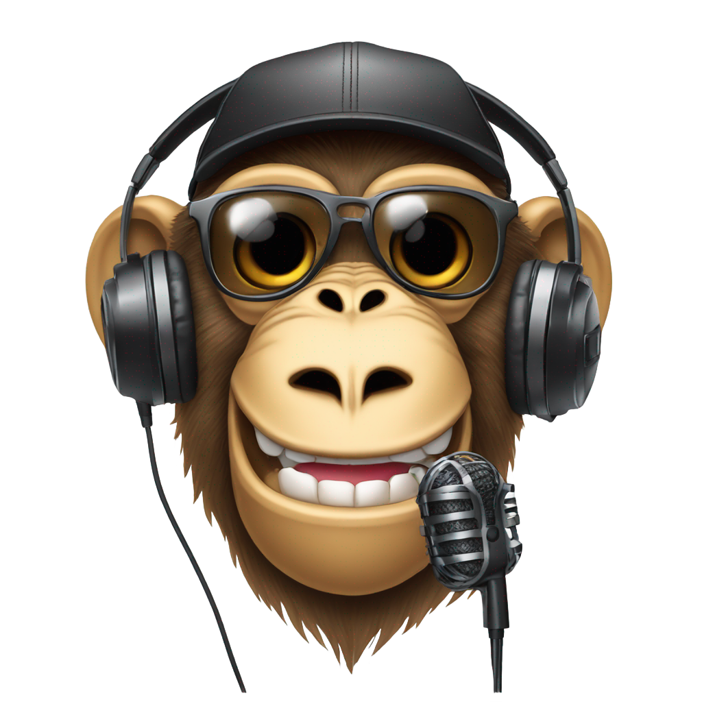 genmoji: monkey head wearing sunglasses, a baseball cap, headphones, talking into a podcast microphone while smiling