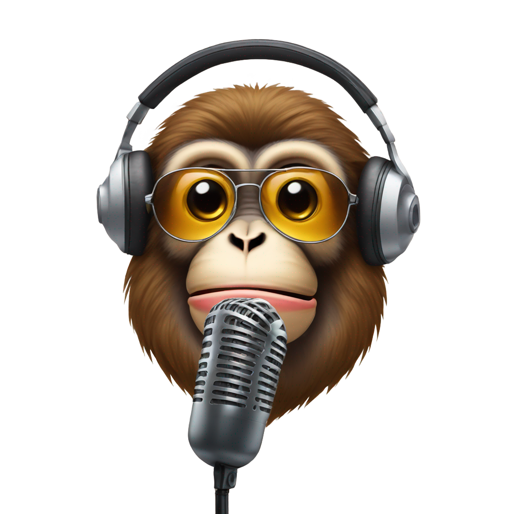 genmoji: monkey head with sunglasses on wearing headphones talking into a podcast microphone