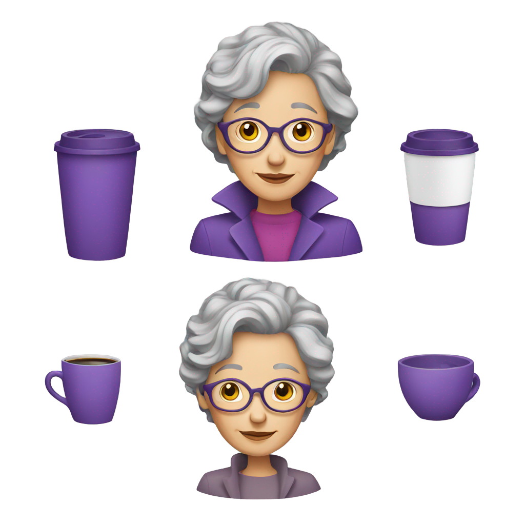 genmoji: Older woman grey mixed hair purple jacket coffee