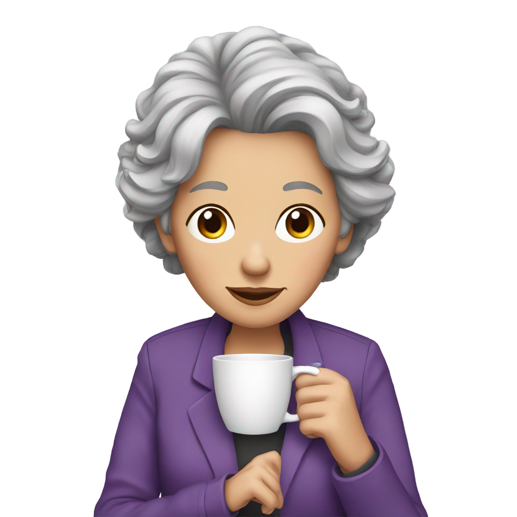 genmoji: Older woman grey mixed hair purple jacket drinking coffee