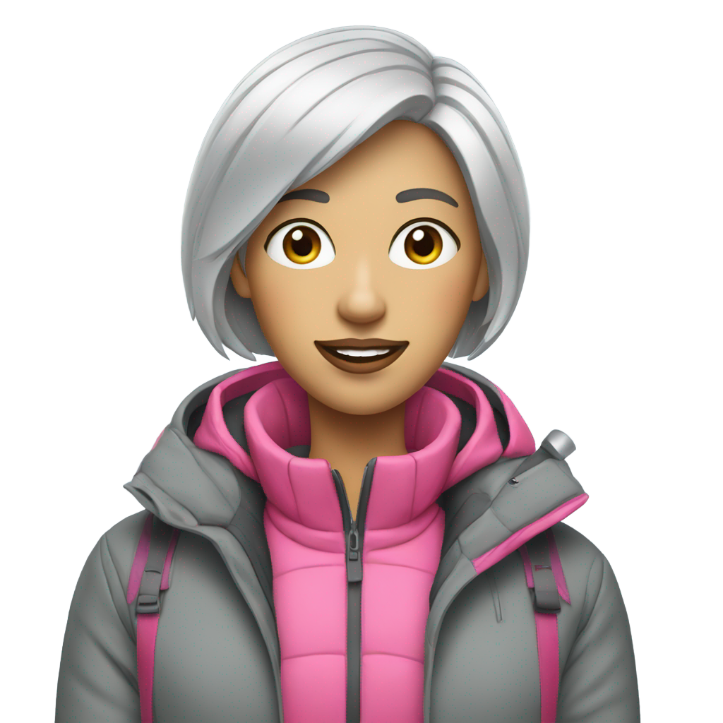 genmoji: Woman, short straight grey hair, pink ski jacket, lipstick, snow shovel