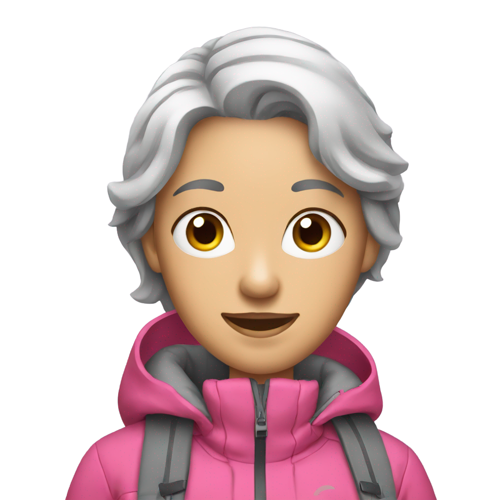 genmoji: Woman with short Grey hair, pink ski jacket, snow shovel